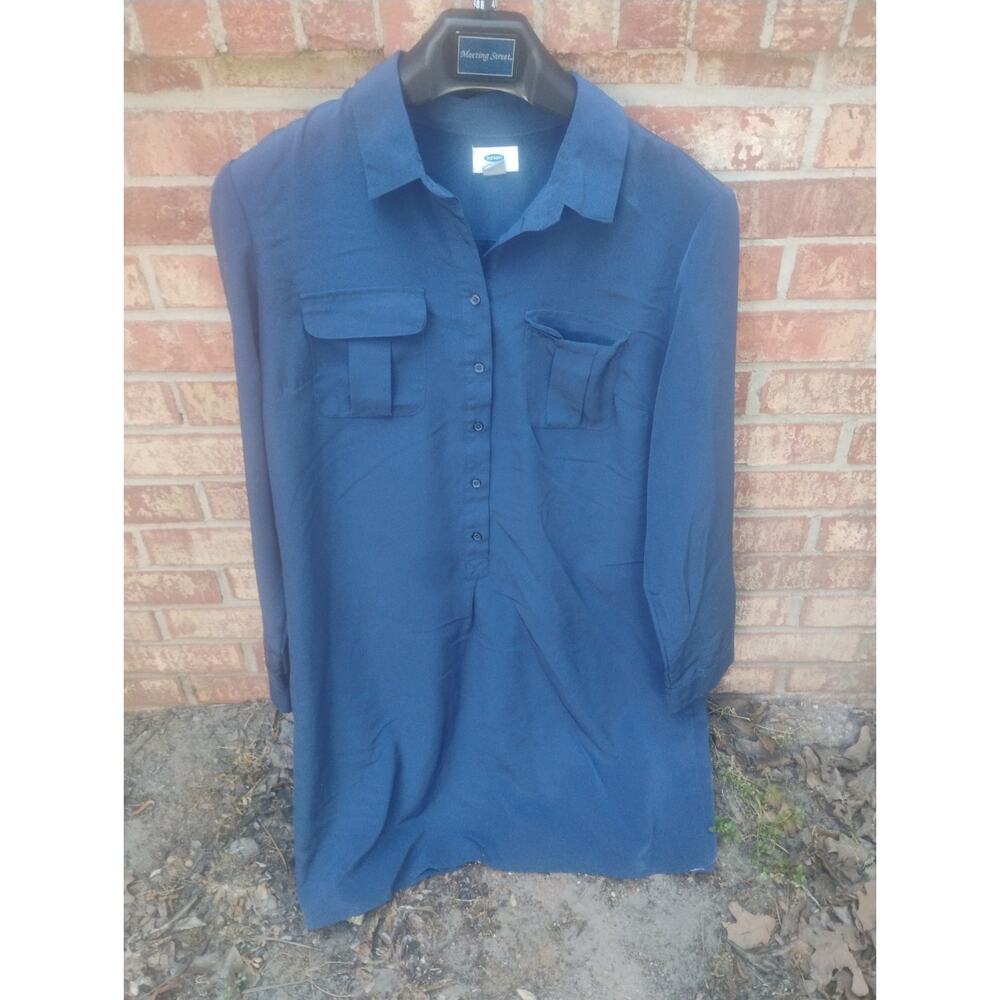 Old Navy Satin Shirt Dress Womens L Silky Long Sleeve Tunic Pockets Career Top